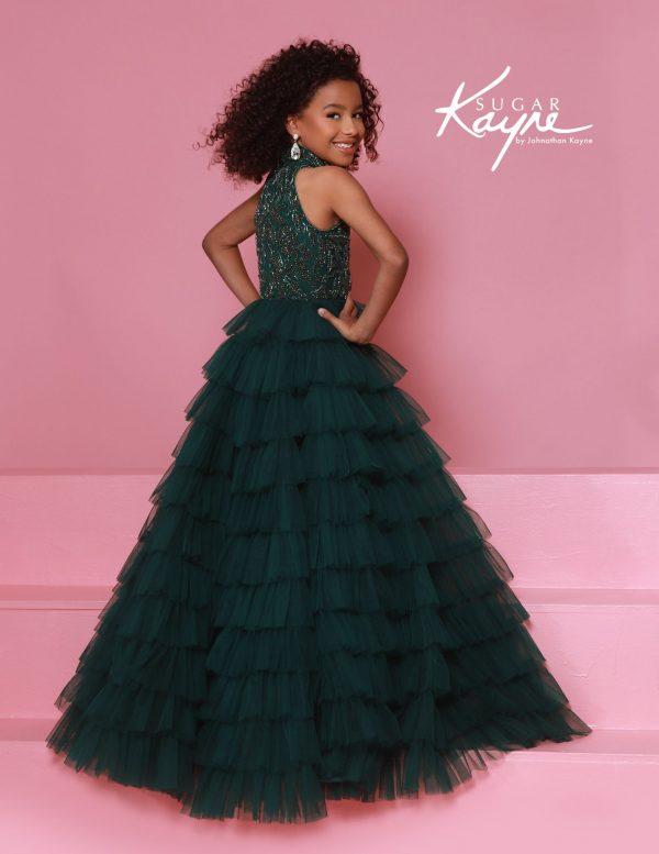 Emerald green ruffle ball gown with halter neckline, great for holiday pageants and crowning ceremonies.